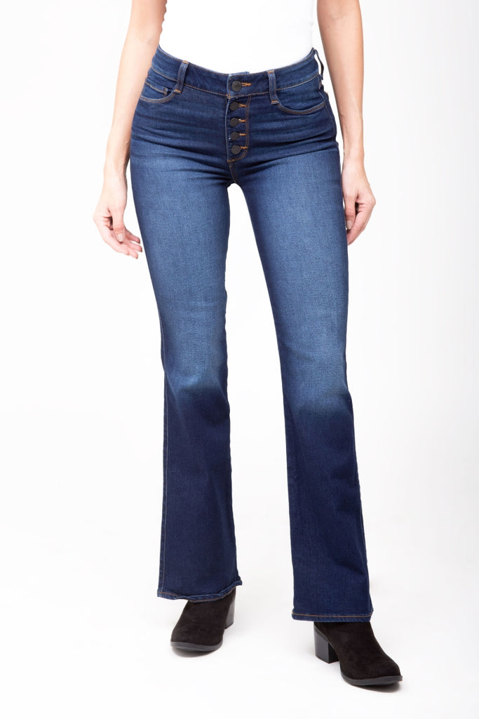 Jeans acampanados azul en tiro alto con cinco bolsillos Sexy Jeans
