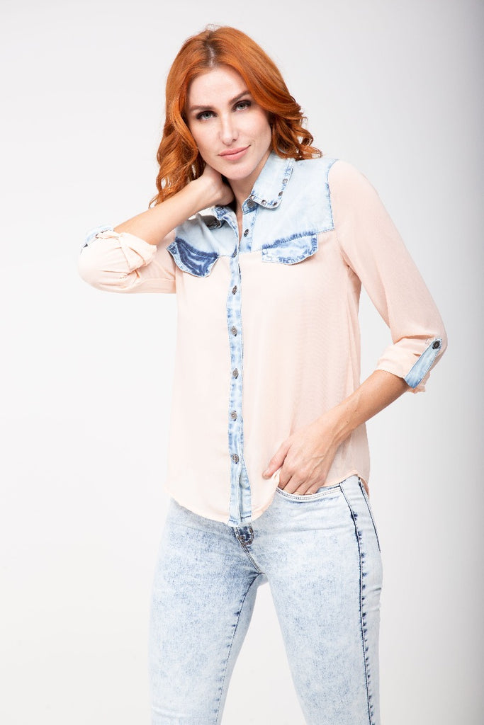 Blusa coral tela ligera con manga larga y cuello de solapas Ciudadela