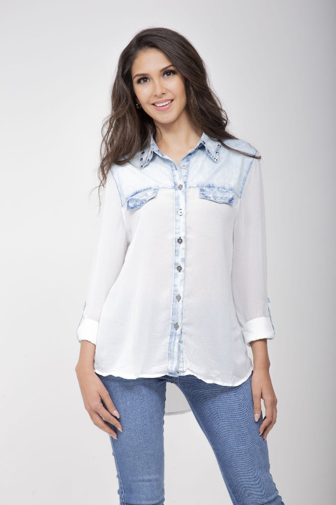 Blusa blanca tela ligera con manga larga y cuello de solapas Ciudadela