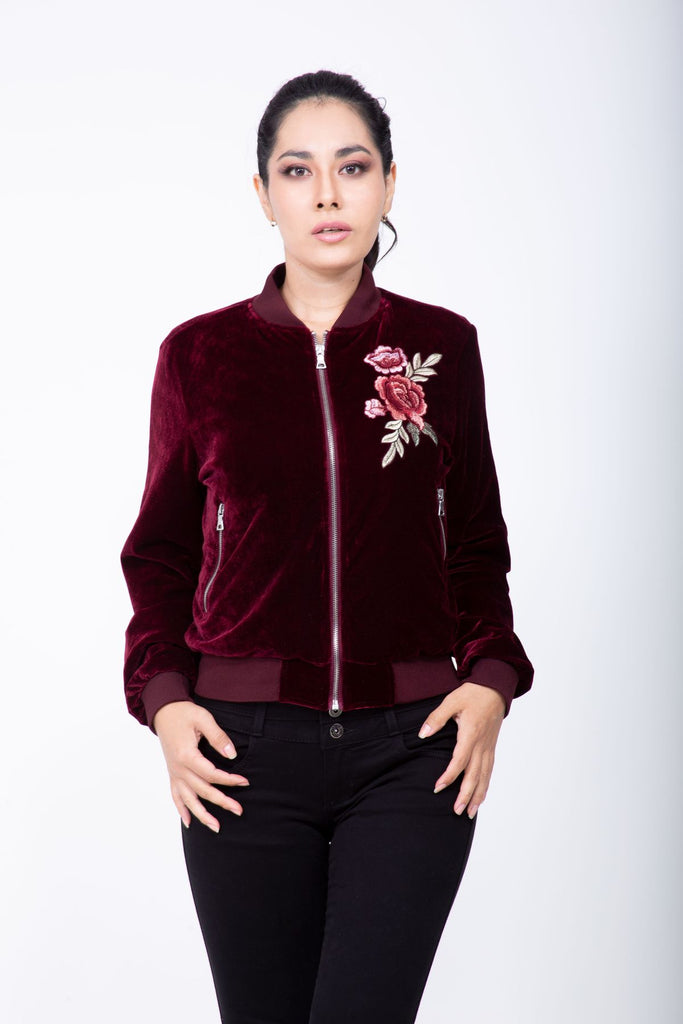 Chamarra bomber con bordado floral, aterciopelada y con cierre Lulumari