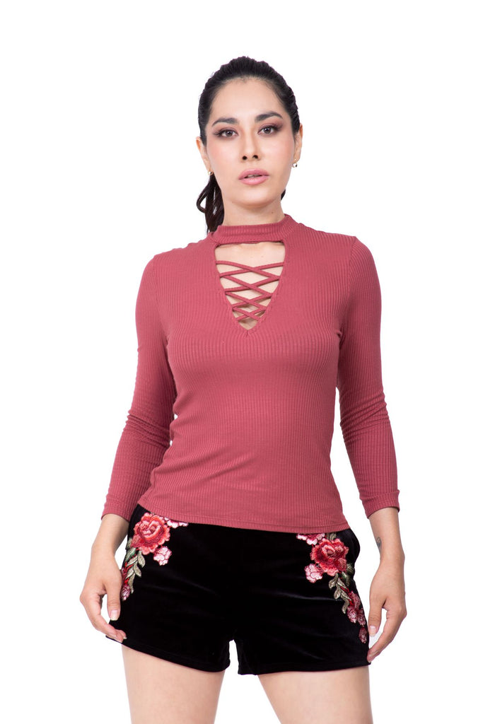 Blusa cut out rosa, de tiras en tejido stretch con escote Lulumari