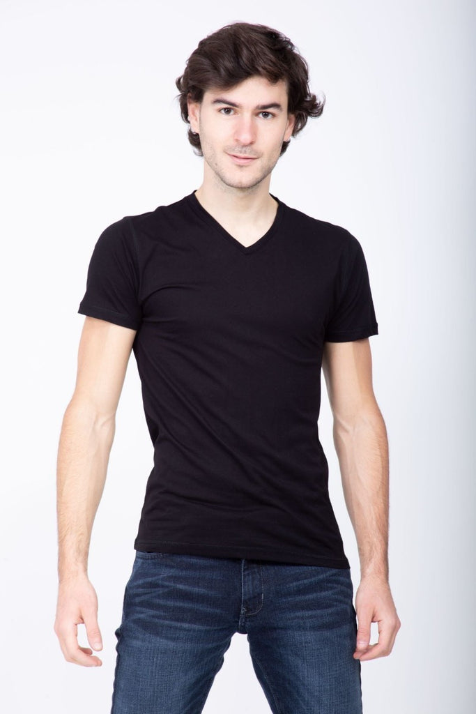 Playera cuello V negra, para hombre, con manga