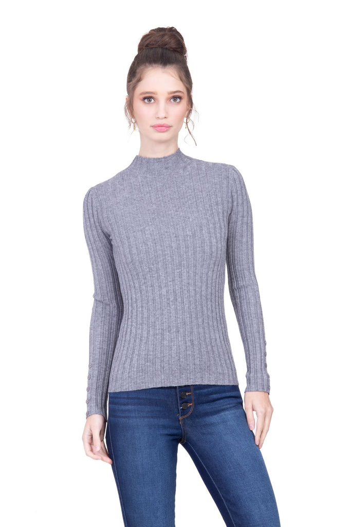 Suéter cuello mock color gris en tejido de punto de canalé Lulumari