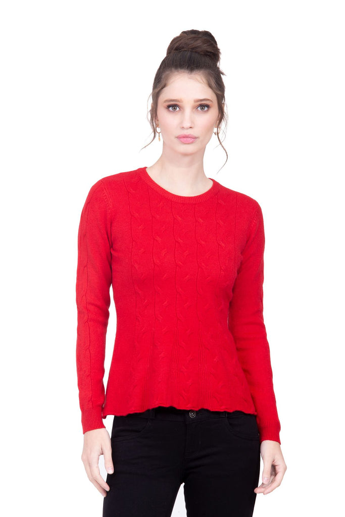 Suéter peplum color rojo en tejido de punto con lí­neas trenzadas Lulumari