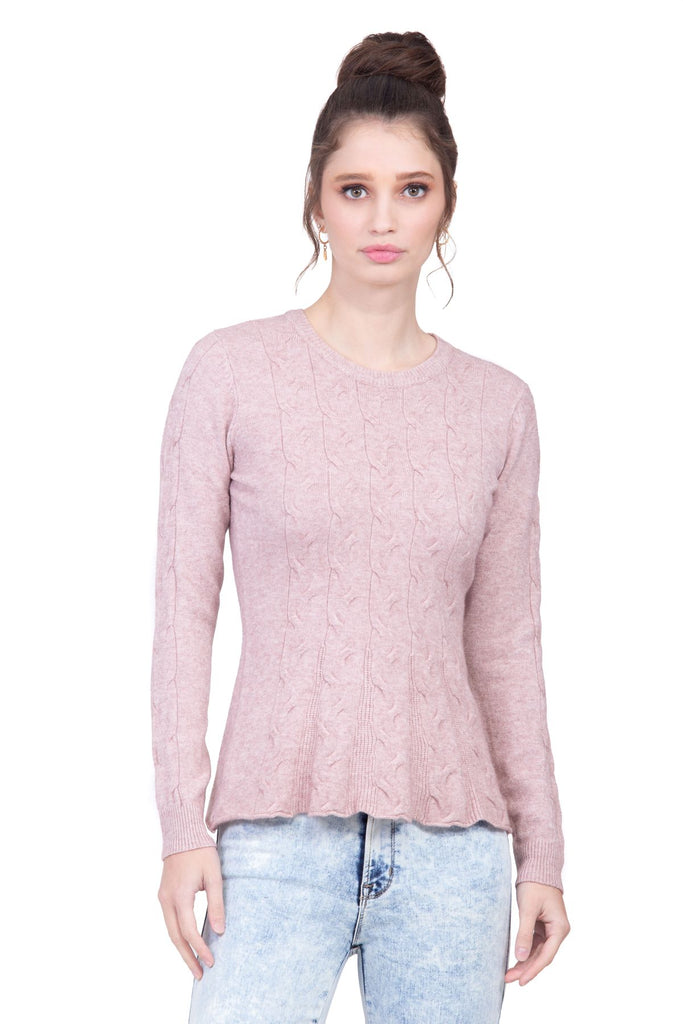 Suéter peplum color rosa en tejido de punto con lí­neas trenzadas Lulumari