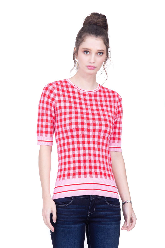 Suéter gingham en tejido de punto y cuello redondo Lulumari