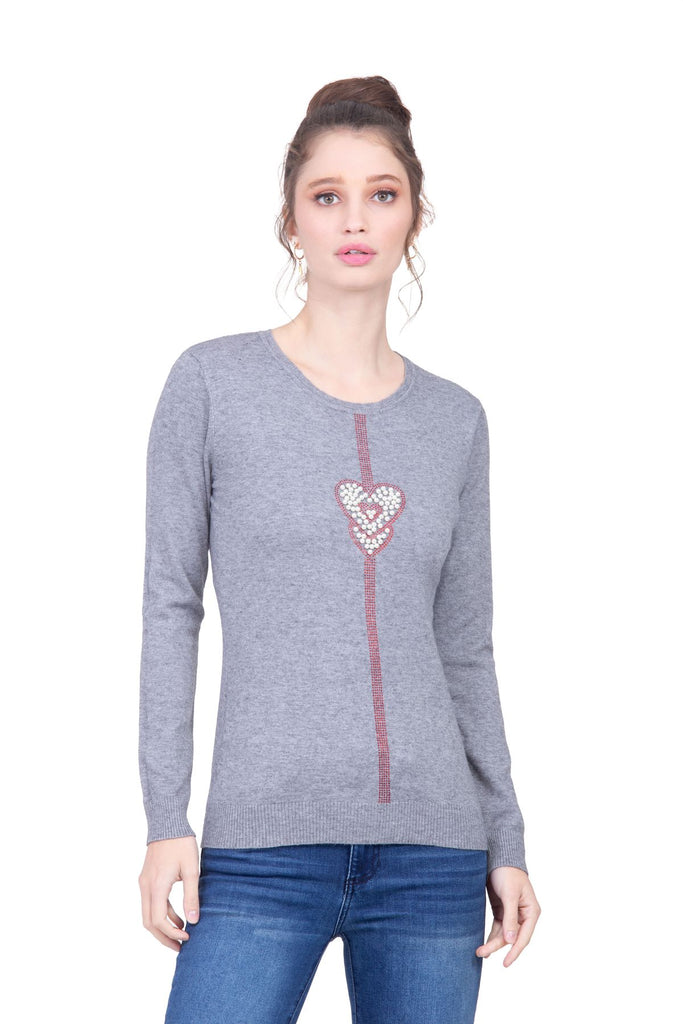 Suéter gris con corazón de pedrerí­a brillante y perlas artificiales Lulumari