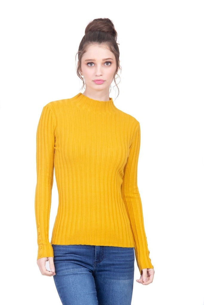 Suéter amarillo cuello mock en tejido de punto de canalé Lulumari