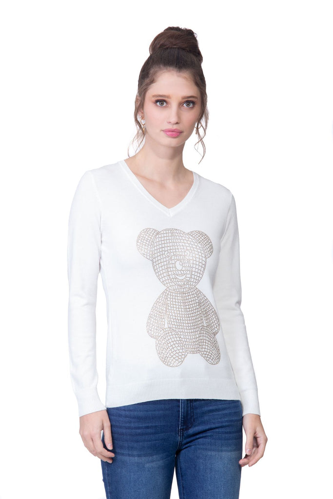Suéter de oso color blanco en tejido de punto con pedrerí­a Lulumari