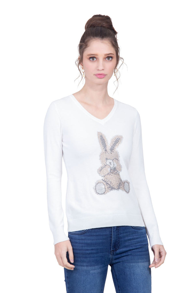 Suéter blanco con conejo formado por pedrerí­a artificial Lulumari