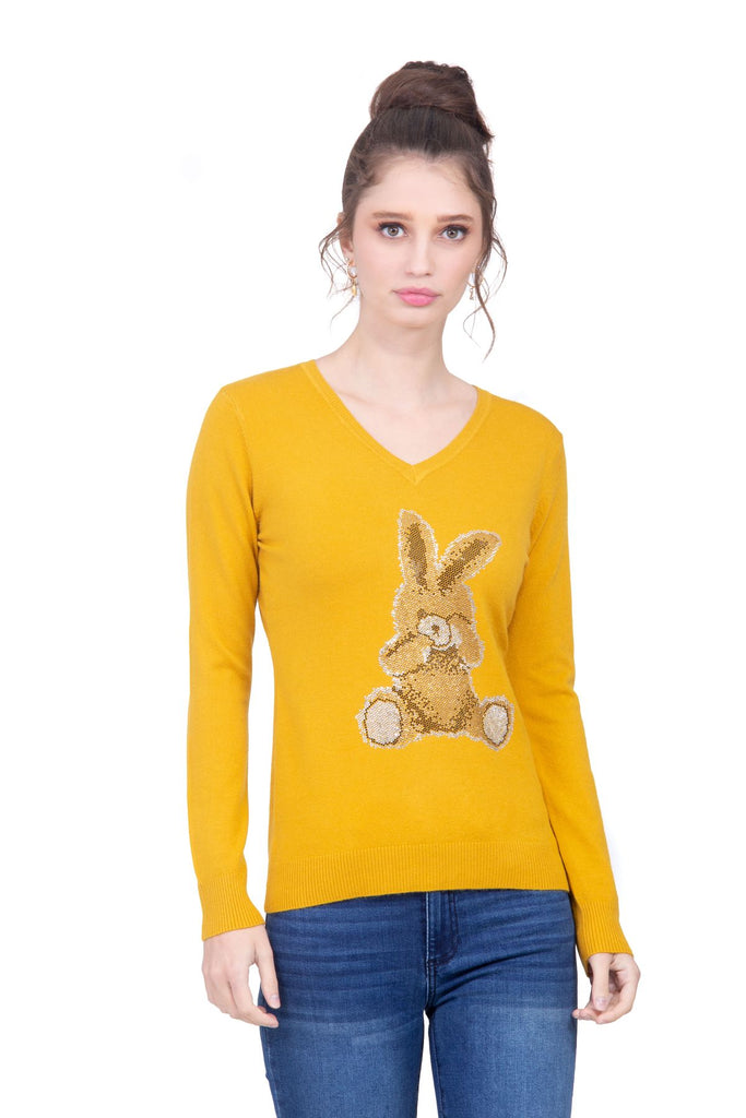 Suéter mostaza con conejo formado por pedrerí­a artificial Lulumari