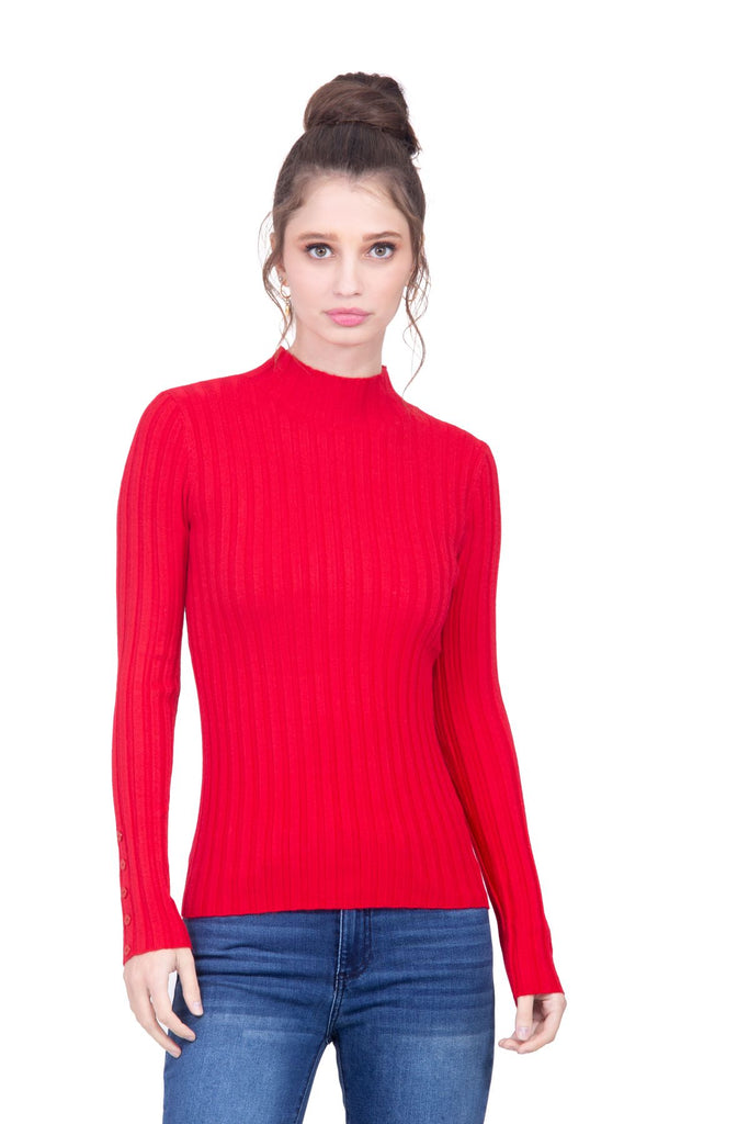 Suéter cuello mock color rojo en tejido de punto de canalé Lulumari