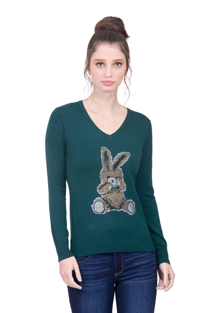 Suéter verde con conejo formado por pedrerí­a artificial Lulumari