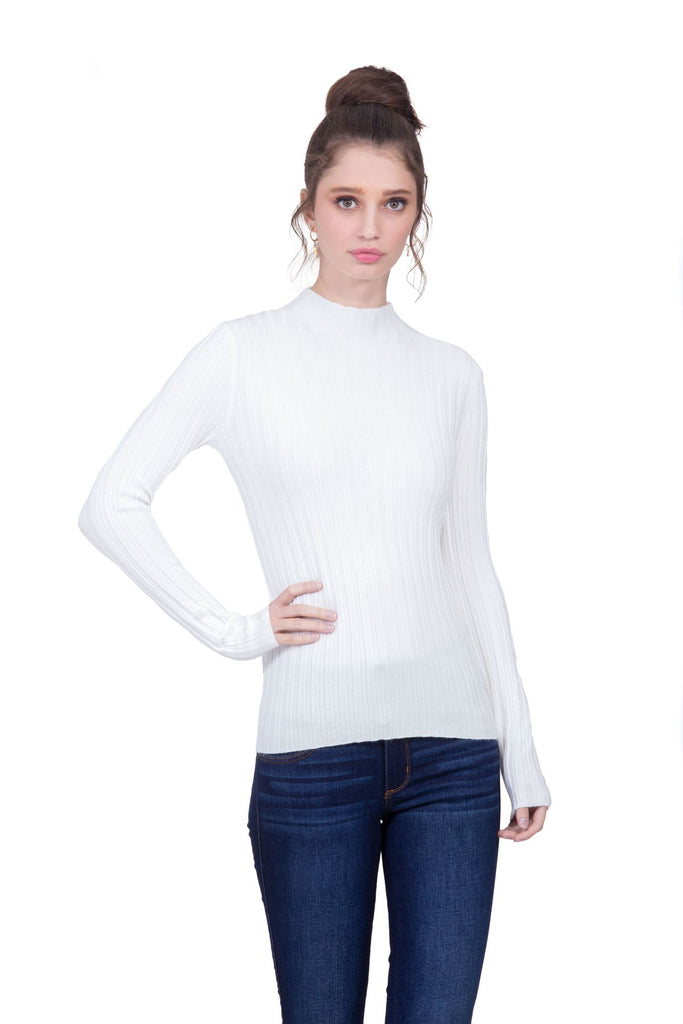 Suéter cuello mock color blanco en tejido de punto de canalé Lulumari