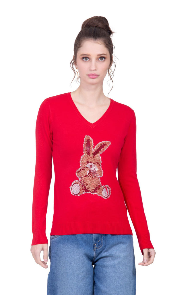 Suéter rojo con conejo formado por pedrerí­a artificial Lulumari