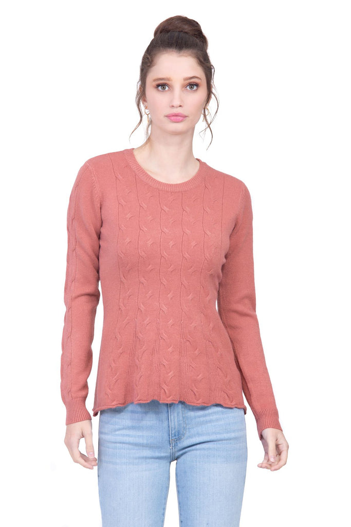 Suéter peplum color coral en tejido de punto con lí­neas trenzadas Lulumari