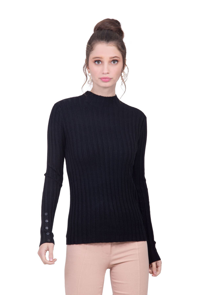 Suéter cuello mock color negro en tejido de punto de canalé Lulumari